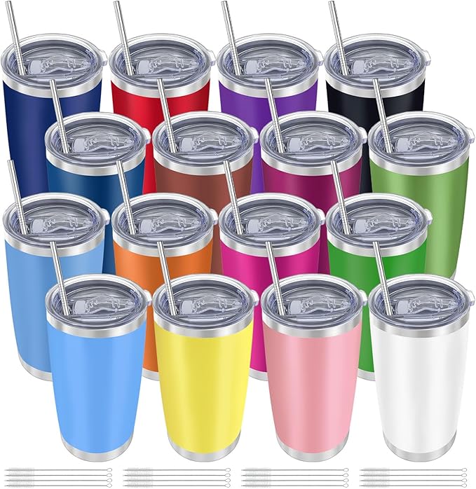 YOUKE OLA 16 Pack Insulated Coffee Tumbler - 20oz Stainless Steel Double Wall Vacuum Travel Tumbler Cup with Lid and Straw for Cold & Hot Drinks (Mixed Colors)