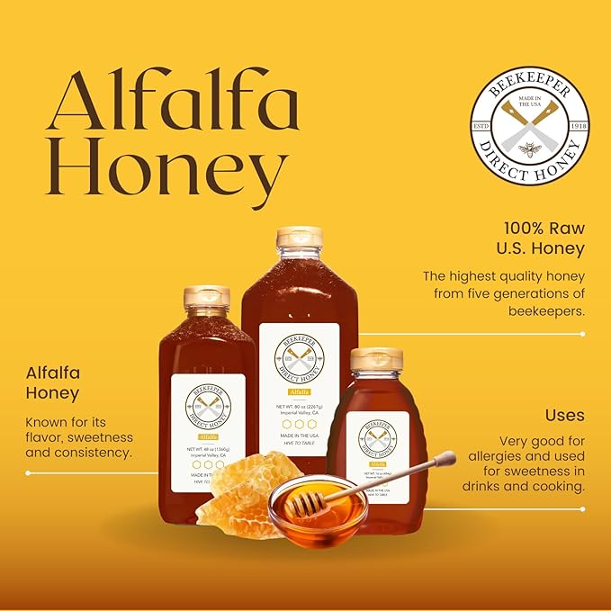 Beekeeper Direct Unfiltered Honey - Real Raw Alfalfa Honey - All Natural Non-GMO Pure Gourmet Honey - Local California Honey (5lbs Squeeze Bottle)