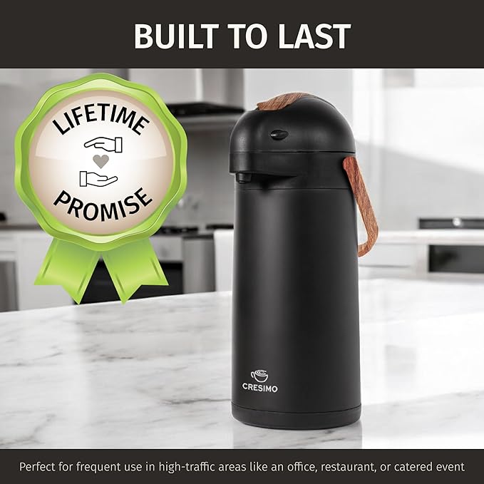 Thermal Coffee Carafe 102Oz w/Wood Trim, Keeps Coffee Hot for 12Hrs & Cold for 36Hrs-Premium Stainless Steel Carafe for Hot Liquids, Easy One-Handed Dispensing for Office, Home, Party, Durable Airpot