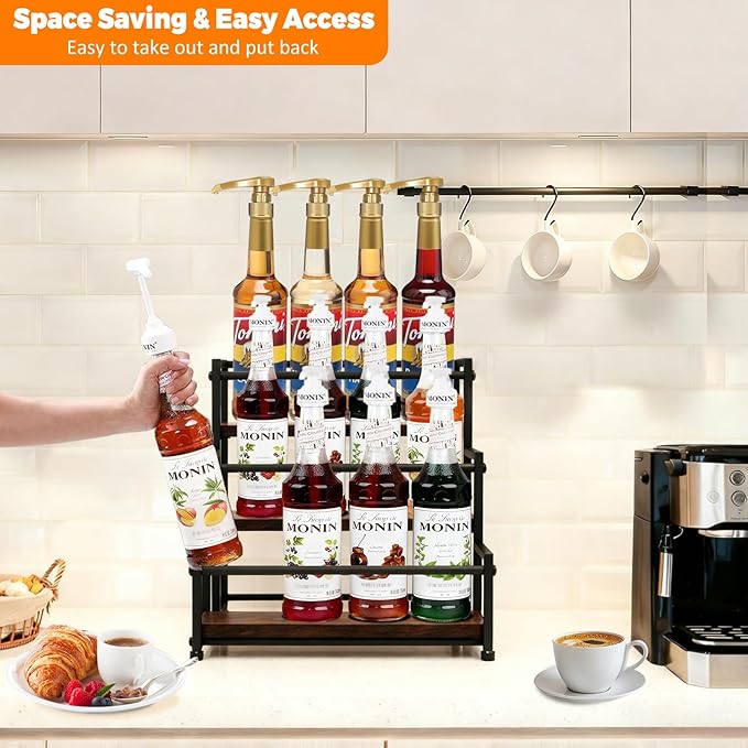 Coffee Syrup Rack - 3-Tier 12 Syrup Bottles Holder - Liquor Bottle Display Shelf - Kitchen Cabinet Organizer for Jars, Condiments - Wooden Countertop Organizer for Seasonings, Tea, or Coffee