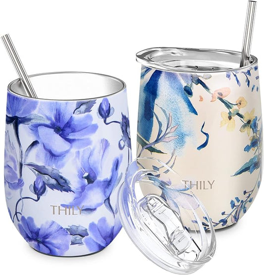THILY Stainless Steel Insulated Wine Tumbler Stemless Wine Glass with Sliding Lid and Straw, Keep Coffee or Cocktails Cold, Cute Gifts for Women, 2 Pack(Iridaceae+Orchid)