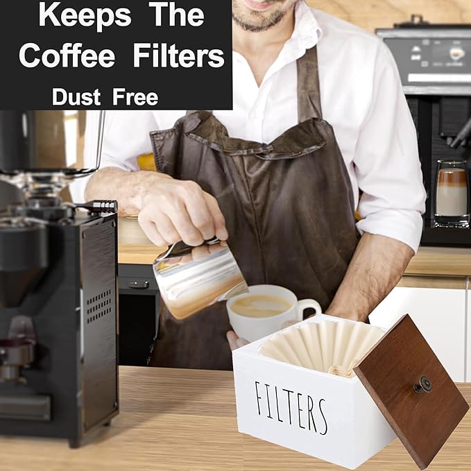 Wooden Coffee Filter Holder - Container With Lid, Rustic Dispenser Basket for Bar Decor, Farmhouse Accessories (White)