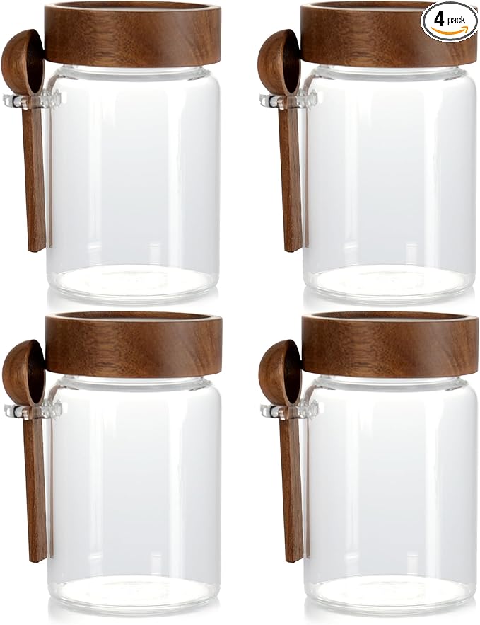 4 Pack 15 oz/450 ml Glass Storage Canister with Airtight Wooden Lid, Clear Small Decorative Container Jar with Spoon for Salad Overnight Oats Snacks Yogurt Cereal Fruit Spice Sugar Coffee