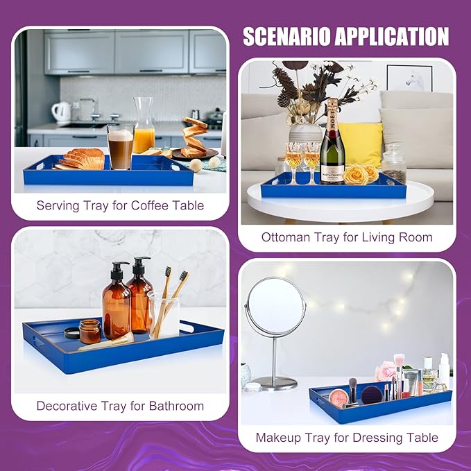 Gifturbo Blue Serving Tray,Decorative Serving Trays with Handles, Coffee Table Tray Ottoman Rectangular Plastic Tray for Living Room, Bathroom, 15.7” x 10.2” x1.37”