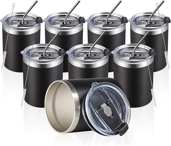 MEWAY 12oz/8Pack Coffee Mug With Lid, Insulated Stainless Steel Reusable Coffee Cup, Double Wall Durable Coffee Mug, Powder Coate，For Coffee, Beer, Home, Office(Black,8 Pack)