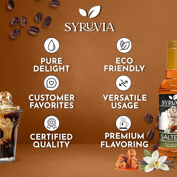 Syruvia Coffee Syrup, SALTELLA Syrup, Vanilla Salted Caramel Flavored Syrup for Drinks, Lattes, and Desserts – 25.4 fl oz,
