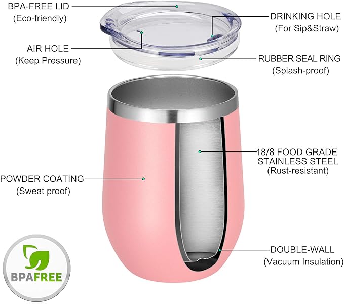 VEGOND Wine Tumblers Bulk 6 Pack, 12oz Stainless Steel Stemless Wine Glass with Lids and Straws, Double Wall Vacuum Insulated Tumbler Cup, Coffee Mug for Cold Hot Drinks