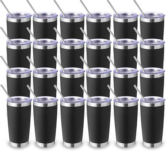 Volhoply 20oz Stainless Steel Tumbler with Lid and Straw Bulk 24 Pack,Double Wall Insulated Travel Iced Coffee Mug Fits Cup Holder,Powder Coated Cups for Hot/Cold Drinks,Christmas Gifts（Black,24 Set）