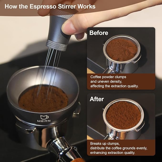 WDT Espresso Distribution Tool Espresso Stirrer Tools for Barista, 0.35mm 7 Needles Espresso Coffee Stirrer with Extra 7 Replaceable Needles, Aluminum Alloy Handle with Stand (Grey)