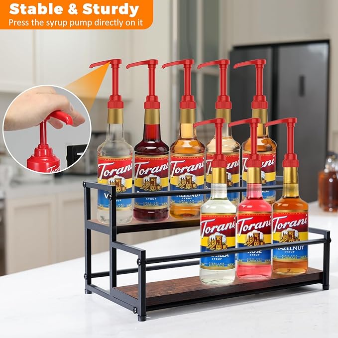Coffee Syrup Rack Organizer - 2-Tier 10 Syrup Bottles Holder for Coffee Bar, Liquor Bottle Display Shelf - Rustic Kitchen Cabinet for Spices, Jars - Stepped Pantry Shelf for Syrup, Wine, Tea & Coffee