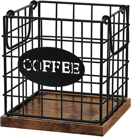 Coffee Pod Holder Organizer,Large Capacity K Cup Holder Organizer, Storage Basket for Kitchen Countertop Office Coffee Bar with Wooden Base(Rustic Brown-Square)