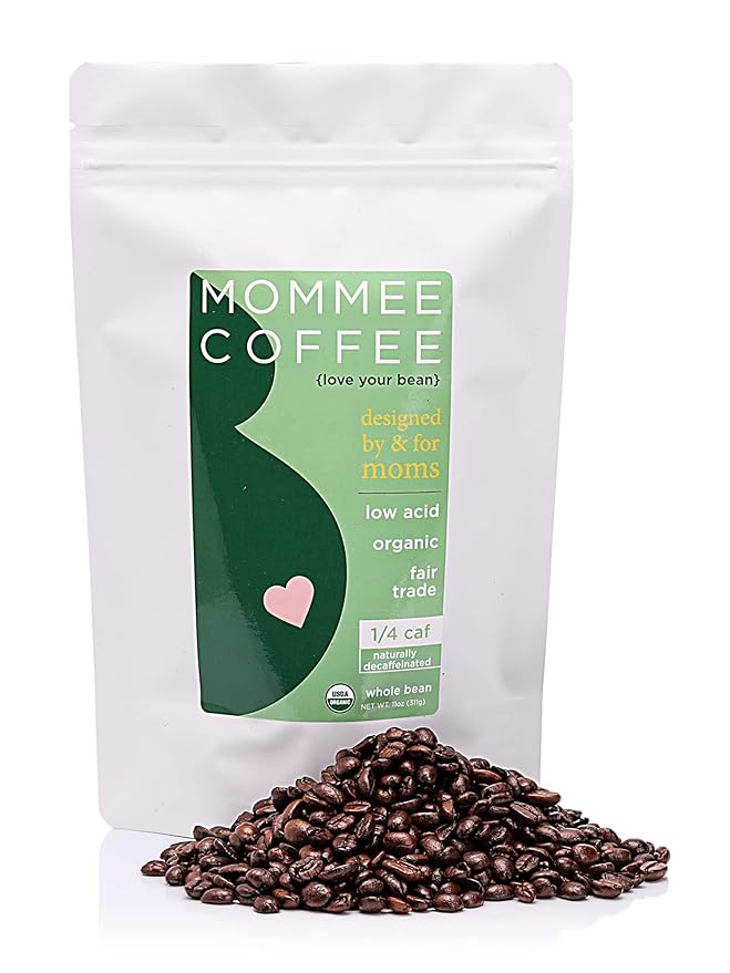 Mommee Coffee Quarter Caf Low Acid Whole Organic Coffee Beans - 100% Arabica Organic 1/4 Caff Coffee Beans with Smooth Caramel Flavor - Natural Process - Medium Roast - 11 oz