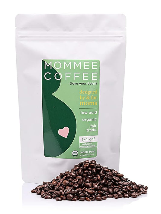 Mommee Coffee Quarter Caf Low Acid Whole Organic Coffee Beans - 100% Arabica Organic 1/4 Caff Coffee Beans with Smooth Caramel Flavor - Natural Process - Medium Roast - 11 oz