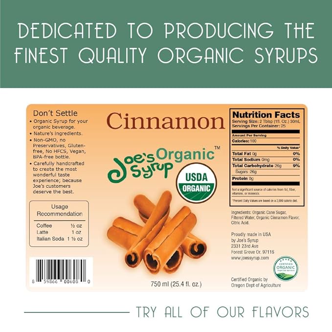 Joe’s Syrup Organic Flavored Syrup, Organic Cinnamon, 750 ml (3 Pack)
