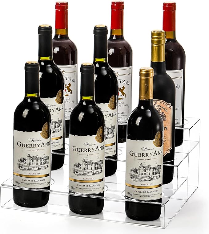 Frcctre 9 Bottles Acrylic Coffee Syrup Organizer Rack, 3 Tier Acrylic Wine Bottle Holder Coffee Syrup Display Stand Shelf Countertop Tiered Storage Holder for Syrups Wine Dressing