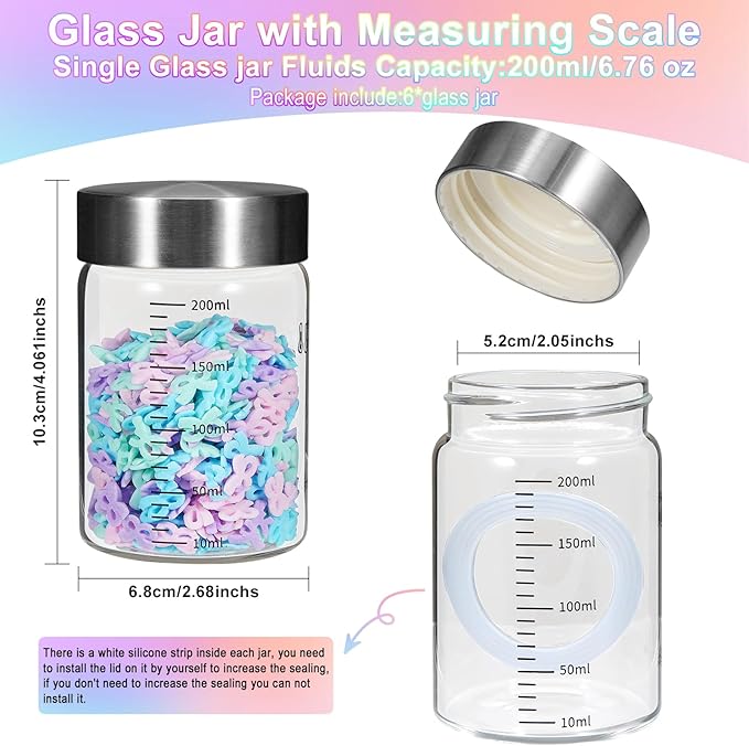 Glass Spice Jar Coffee Sugar Container Airtight Glass Jar Food Storage Canisters Bottle for Kitchen Seasoning Tea Herb Overnight Oats Bar Parfait Snacks (6 * 200ml(6.76oz))