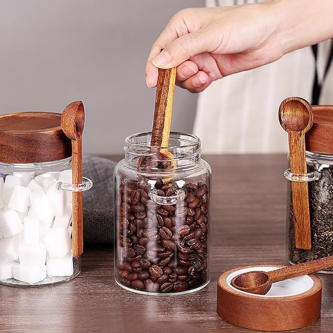 SAIOOL Sugar Jar with Lid and Spoon Set of 2, 16 OZ Tea Canisters for Loose Tea Jars with Screw Mouth, Coffee Container for Ground, Retro Style Truly Airtight