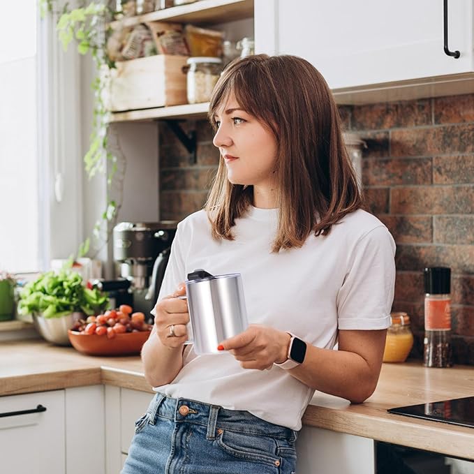 Volhoply 12oz Insulated Leakproof Coffee Mug with Flip & Straw Lid Bulk 4 Pack,Double Wall Vacuum Stainless Steel Travel Tumbler Cup with Handle,Camping Mugs Keep Cold/Hot(Silver,4 Set)