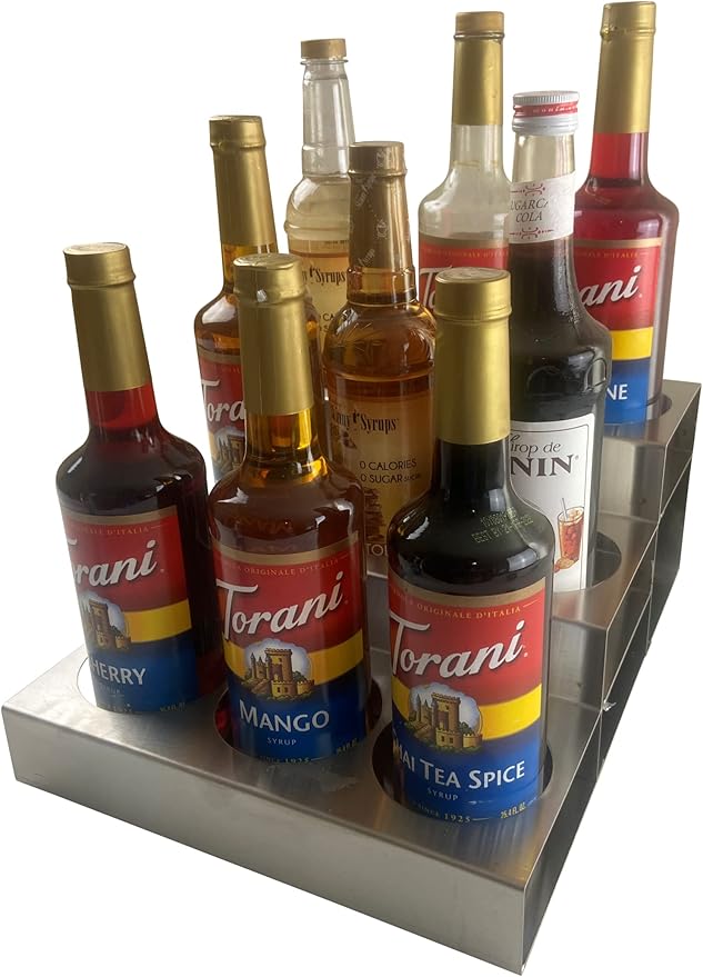 Rattleware 3-Tier Stainless Steel 9 Bottle Coffee Syrup Wire Rack Fifths – Shelves for Wine or Condiments - Durable Storage Organizer for Home, Kitchen, Office, Garage, or Commercial Use (Silver)