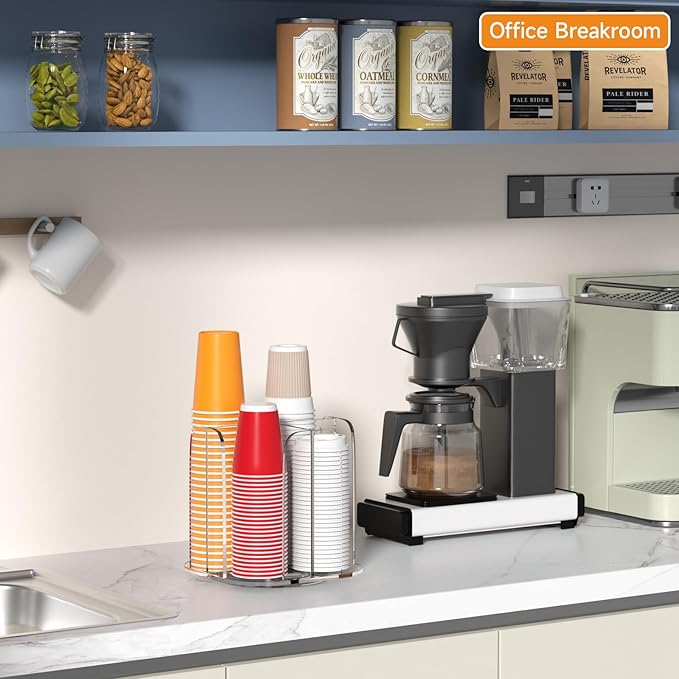 Beego Rotatable 4-Compartment Acrylic Cup Dispenser - Coffee Station Cup and Lid Carousel Countertop Plastic Cup Holder for Restaurant Breakroom Coffee Bar