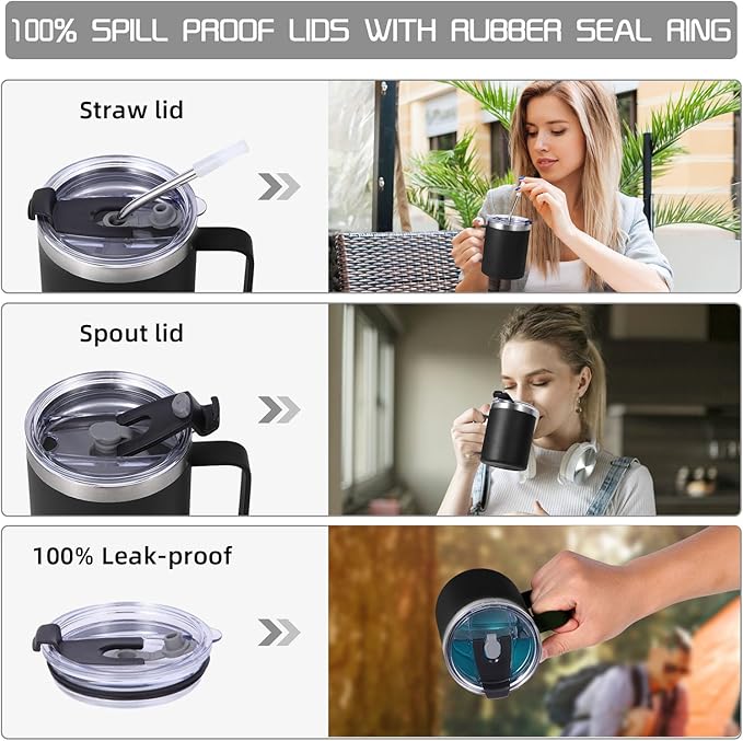 Volhoply 12oz Insulated Leakproof Coffee Mug with Flip & Straw Lid Bulk 8 Pack,Double Wall Vacuum Stainless Steel Travel Tumbler Cup with Handle,Reusable Camping Keep Cold/Hot(Black,8 Set)