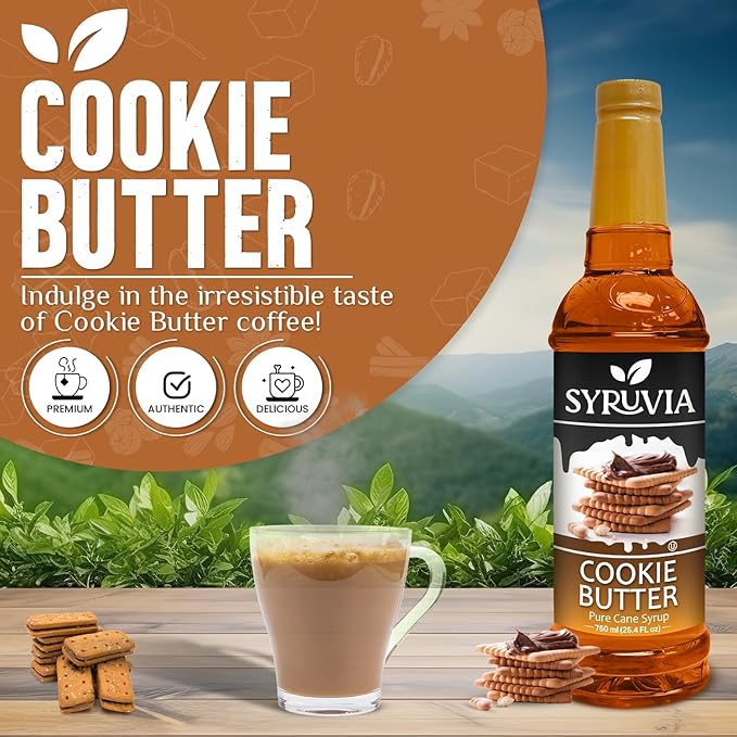 Syruvia Coffee Syrup, Cookie Butter Flavored Syrup for Drinks, Lattes, and Desserts – 25.4 fl oz