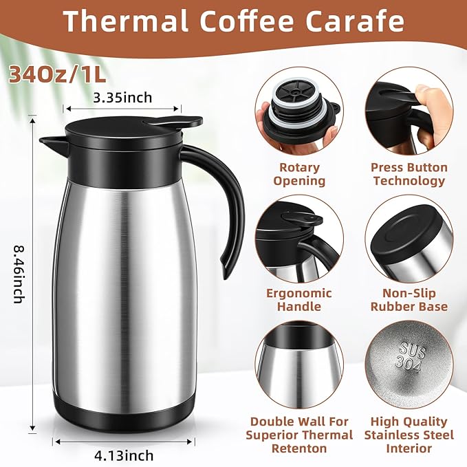 Norme 2 Pcs Thermal Coffee Carafe Insulated Stainless Steel Coffee Carafe for Hot Liquid Vacuum Thermal Pot Creamer Pitcher Dispenser with Brushes Keeping Hot Water Milk (Silver,34 oz)