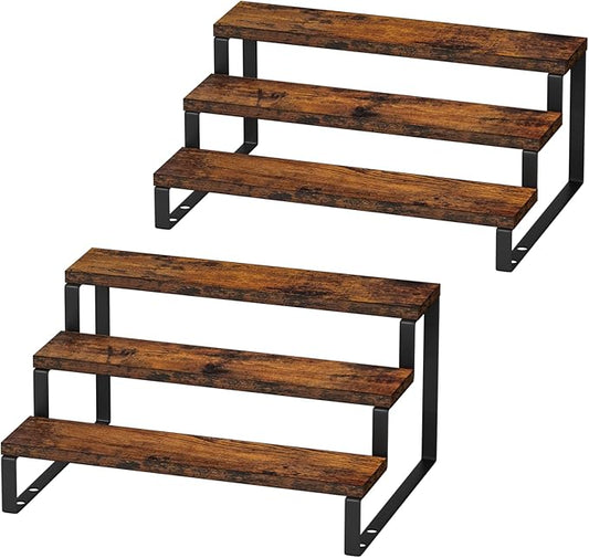 AUTARRONE Wooden Display Risers, 3-Tier Perfume Stand & Expandable Spice Rack Organizer, Cupcake Stand Holder & Display Shelf for Liquor, Figure & Dolls Collection (3-Tier, 2 Pack)