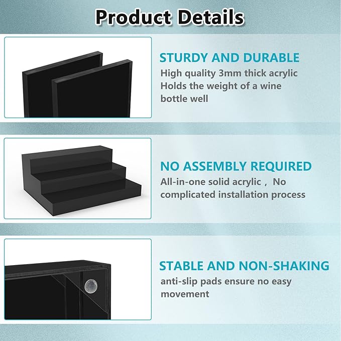 Liquor Bottle Display Shelf, Black Acrylic Riser Display Stand, Bar Shelves for Liquor Bottles, 3 Tier Shelf Organizer for Alcohol Figures Coffee Syrup Display, 16" L x 12.5" W x 6.5" H, Black