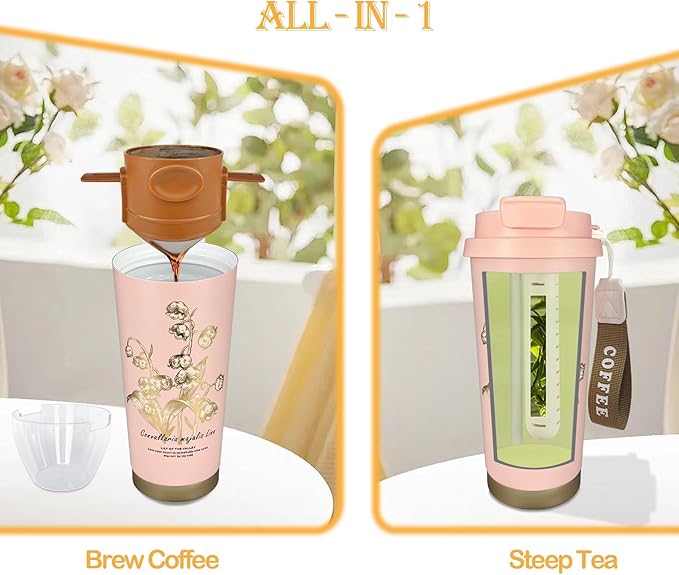 17oz Camping Coffee Makers with Ceramic Coating,Camp Pour Over Coffee Maker Set,Double Wall Vacuum Leak-Proof Mug for Office School Party Camping,Tea Infuser Mug for Loose Leaf Tea (17oz Pink)