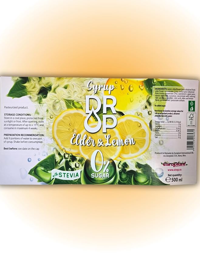 Drop Elder & Lemon Sugar-Free Syrup,Natural Stevia,100% Pure Extract,Natural Sweet,16.9floz,Premium Flavoring,30% Concentrate,Zero Calories,Non-GMO Diabetic & Keto-Friendly,Ideal for Drinks & desserts
