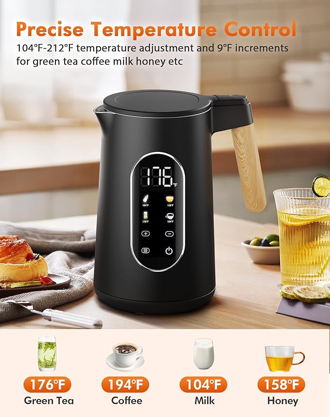 Electric Kettle with Precise Temperature Control, 1500W Fast Boil, 304 Stainless Steel 1.7L/1.8Qt BPA-Free | 4 Presets for Baby Milk, Coffee, Tea | 2H Keep Warm, Cool Touch Exterior