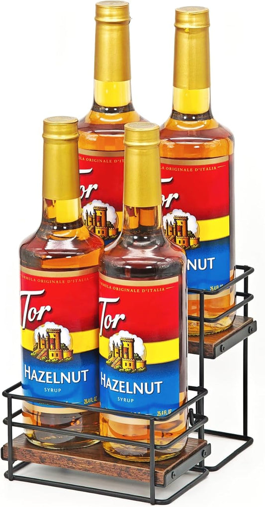 4 Bottle Coffee Syrup Organizer Rack, 2 Tier Coffee Syrup Bottle Stand Holder for Coffee Bar, Installation-free, Liquor Bottle Display Shelf, Coffee Syrup Shelf for Liquor Whiskey Wine Display