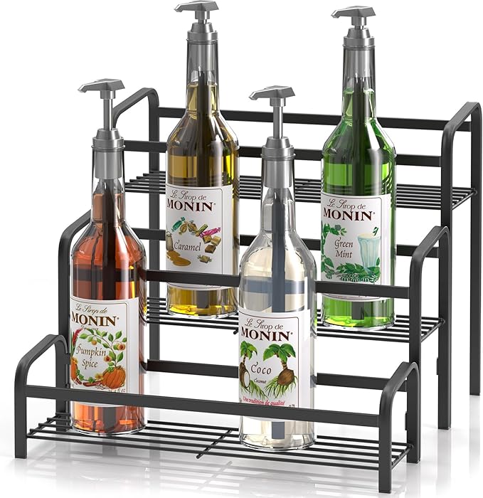 Coffee Syrup Organizer 3-Tier, 12 Bottles Capacity Coffee Syrup Rack, Metal Syrup Stand for Spice, Wine, Liquor, Bottle, Coffee Bar Station Racks Magnetic, No Installation, Black
