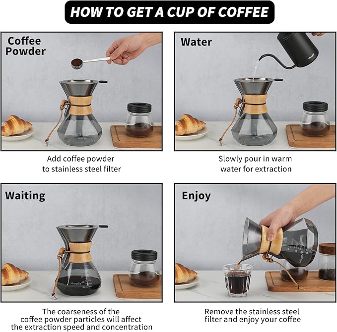 Mongdio 27 Oz Pour Over Coffee Maker with Stainless Steel Filter and Wooden Collar Holder, Borosilicate Glass Coffee Maker for Camping Home, 800ML/27OZ, Gray