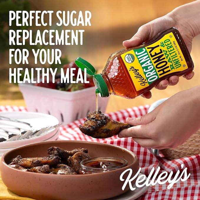 Kelley's 100% Organic Raw & Unfiltered Honey, USDA Certified, 24 Oz – All Natural, Flavor-Rich Honey for Fruits, Yogurt, Smoothies, Acai Bowls, Tea – Natural Sugar Substitute