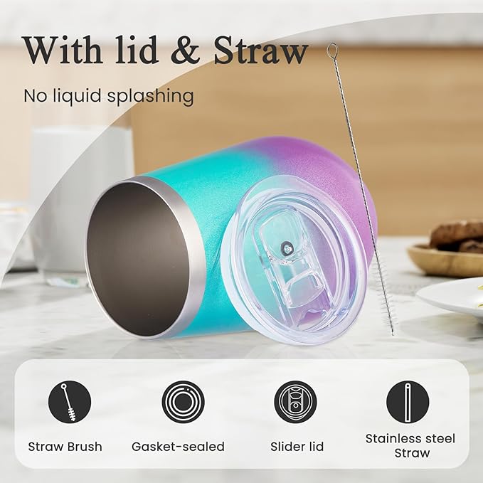 MEWAY Stemless 12oz Insulated Wine Tumbler with Lid and Straw - Double Wall Stainless Steel Thermal Cup for Hot and Cold Drinks, Travel wine glass, Bridal and Baby Shower Game Prizes(Glitter Aurora,1)