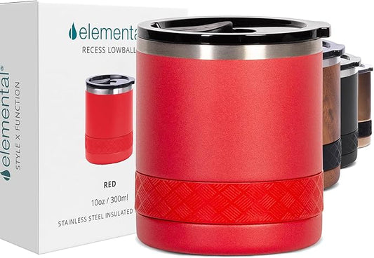 Elemental Recess Lowball Tumbler, 10oz Triple Wall Stainless Steel Cup with Non-Shattered Tritan Lid, Insulated Whiskey Glass, Insulated Coffee Tumbler Mug for Hot & Cold Drinks - Red