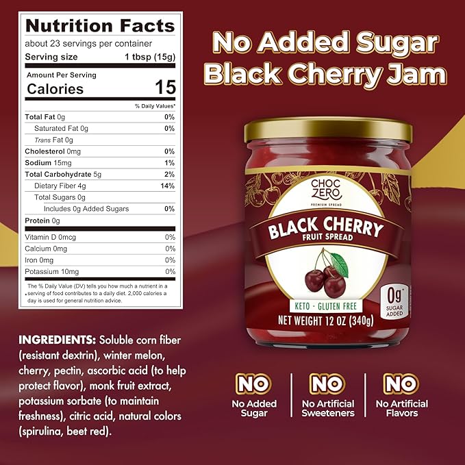 ChocZero Keto Black Cherry Jam - No Sugar Added, Low Carb, Keto Friendly, High in Fiber, Gluten Free, Naturally Sweetened with Monk Fruit (1 jar, 12 oz)