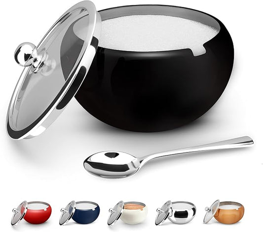 KooK Sugar Bowl, Sugar Bowl with Lid and Spoon, Sugar Container with Lid, for Salt, Coffee, Holds 2 Cups, Dishwasher Safe, Matte Black, 16 Oz