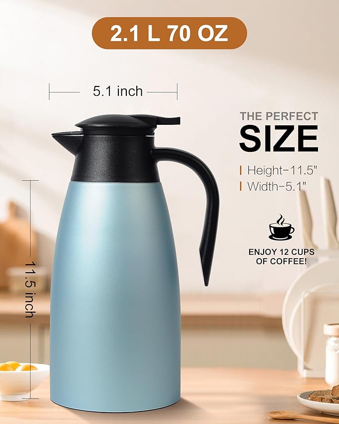 70 OZ Updated Thermal Coffee Carafe for keeping hot, 2 PCS Carafes for hot liquid, Insulated Coffee Carafe Stainless Steel Vacuum Thermal Pot for Coffee, Hot Water,Keep Hot 12 Hours (Blue+Blue)