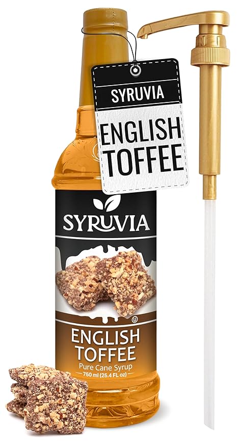 Syruvia Coffee Syrup, English Toffee Flavored Syrup for Drinks, Lattes, and Desserts – 25.4 fl oz, With Pump