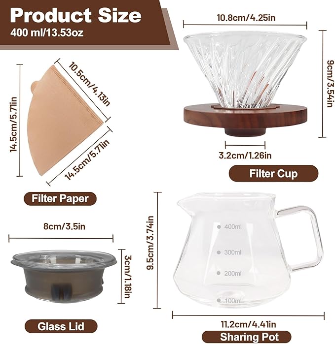 Pour Over Coffee Maker Set 600ml Portable with 100 Pcs Filter Paper Glass Coffee Maker High Borosilicate Glass Eagle Beak Spout Design Walnut Wood Base for Pour Over Dripper for Daily Brewing