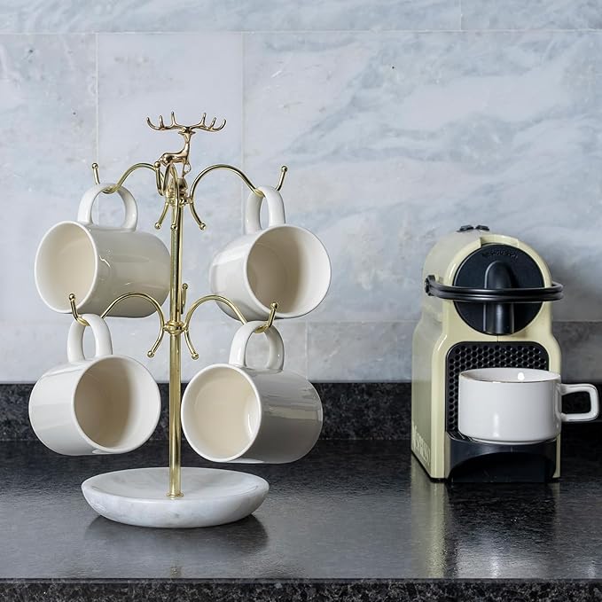 BCS Mug Holder with Marble Base - 6 Hooks Mug Rack Coffee Cup Storage Tree Jewelry Display Stand Holder for Countertop