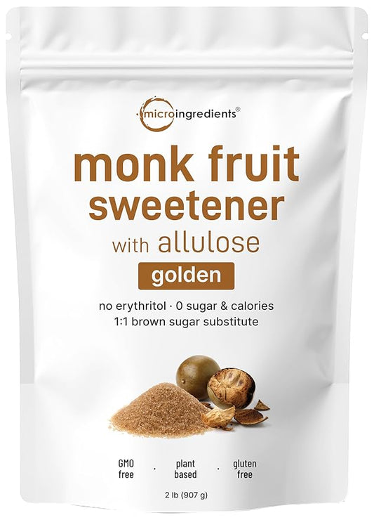 Micro Ingredients Golden Monk Fruit Sweetener Allulose, 2 lbs | No Erythritol, No Aftertaste, 1:1 Brown Sugar Substitute | Zero Calorie, Great for Drinks, Coffee, Tea, Cookies | Keto, Vegan, Non-GMO