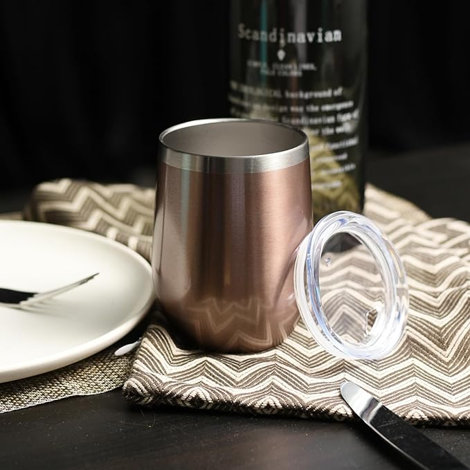 DOMICARE Stainless Steel Wine Tumbler Bulk with Lid, Personalized Rose Gold Insulated Tumblers Set, 12oz Travel Coffee Cups Pack of 4
