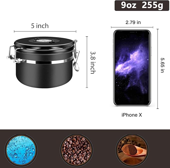 Coffee Canister, Airtight Coffee Container with Date Tracker Lid, Stainless Steel Canister for Kitchen Food Storage (Black, 9oz)