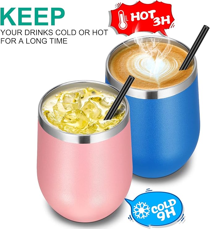 VEGOND Wine Tumblers Bulk 6 Pack, 12oz Stainless Steel Stemless Wine Glass with Lids and Straws, Double Wall Vacuum Insulated Tumbler Cup, Coffee Mug for Cold Hot Drinks