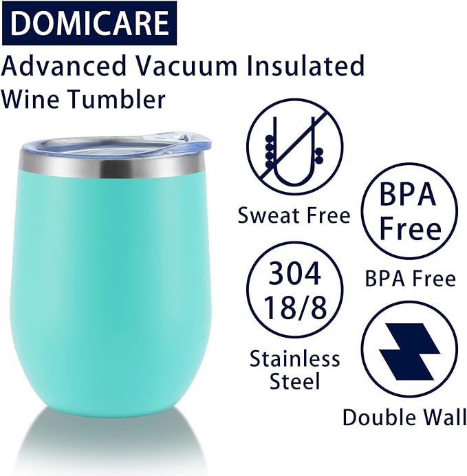 DOMICARE Stainless Steel Wine Tumbler Bulk with Lid, Personalized Insulated Tumblers Set, 12oz Travel Coffee Cups Pack of 4, Light Blue