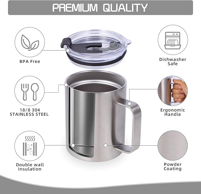 Volhoply 12oz Insulated Leakproof Coffee Mug with Flip & Straw Lid Bulk 8 Pack,Double Wall Vacuum Stainless Steel Travel Tumbler Cup with Handle,Reusable Camping Keep Cold/Hot(Silver,8 Set)